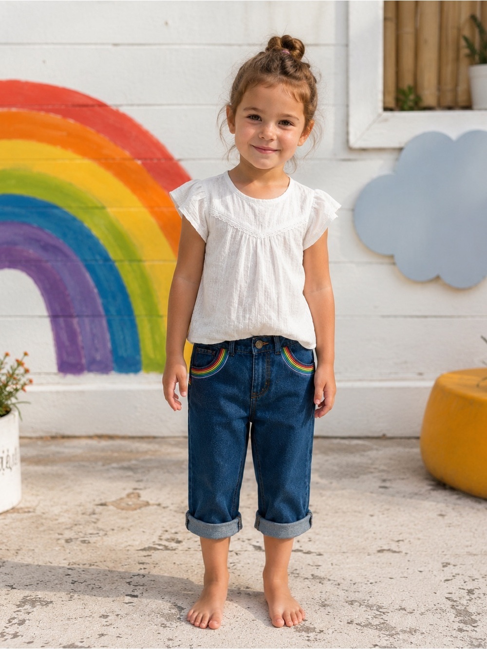Carters Girls Sz 5 Capris Blue Denim Rainbow Embroidery Adjustable Waist